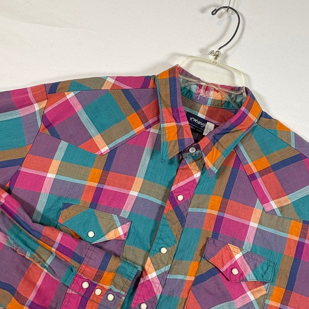 Wrangler Tall Man Western Snap Plaid Shirt Multi Color Vintage Made in USA XL